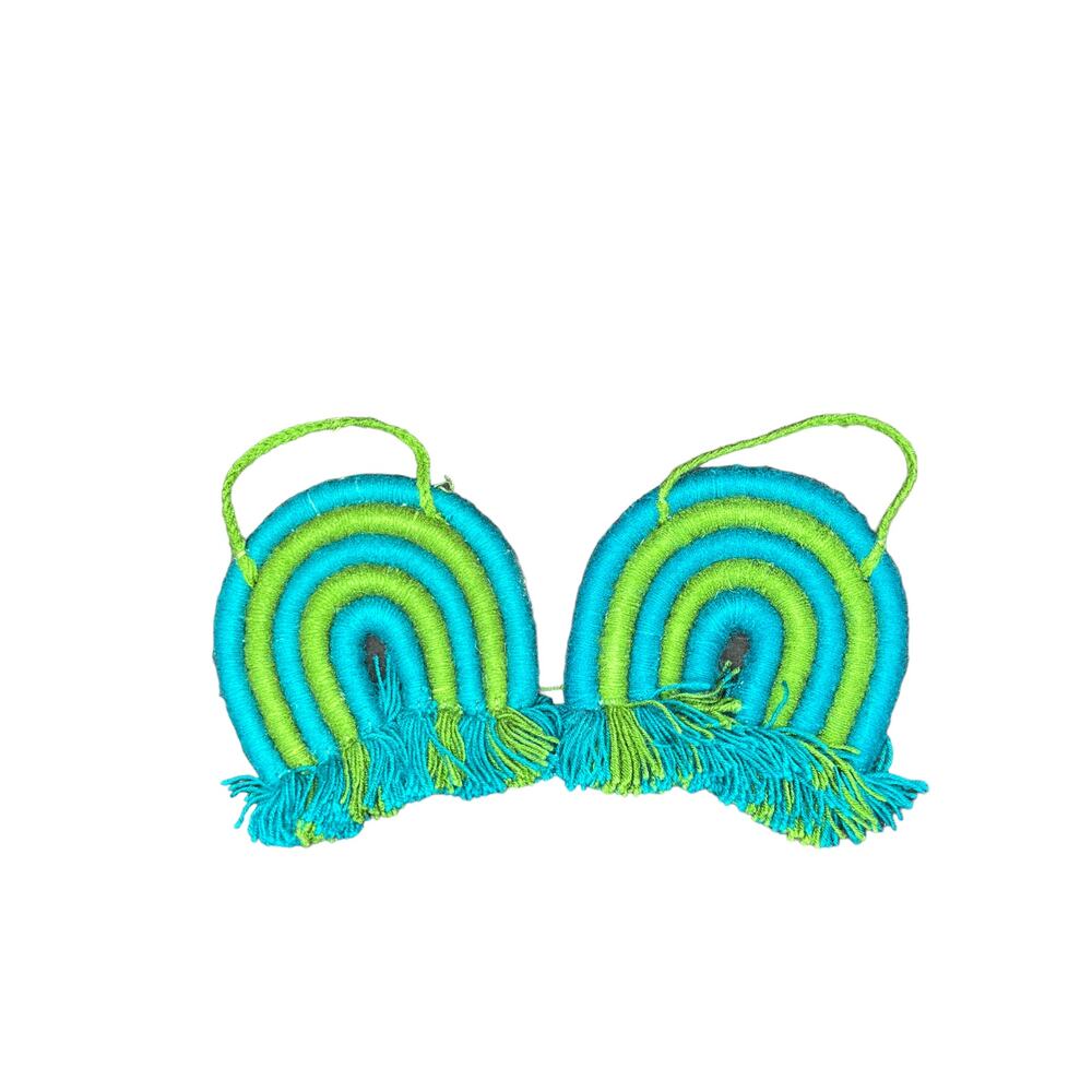 Vintage Set of 2 Blue and Green Yarn Wall Art Hangings Shape of a Rainbow